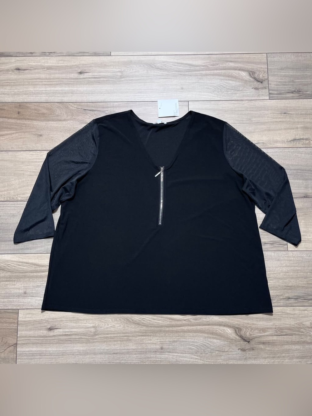 89th + Madison Women’s 3/4 Semi Sheer Sleeve Half Zip Top Size 3X Black